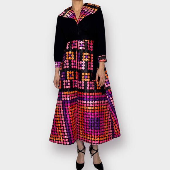 70s Black Pink Orange Polka Dot Dress - Picture 3 of 6